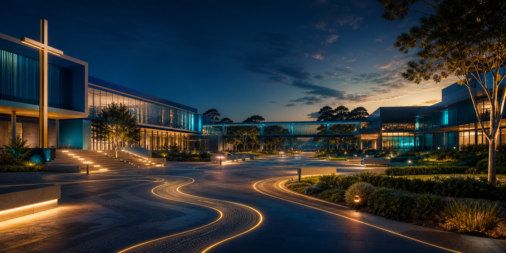 Career Empire campus concept artwork, with illuminated paths, gardens and warm evening light